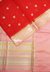 Classic Rich Red with Melon Peach - Durga - Banarasi Soft Katan Silk with Big multi mango Border - Best for Festive Wear | Temple visit |