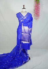 Neon Royal Blue - Durga - Banarasi Soft Katan Silk with Zari Weaving Border and Buttas - Perfect for Wedding Functions