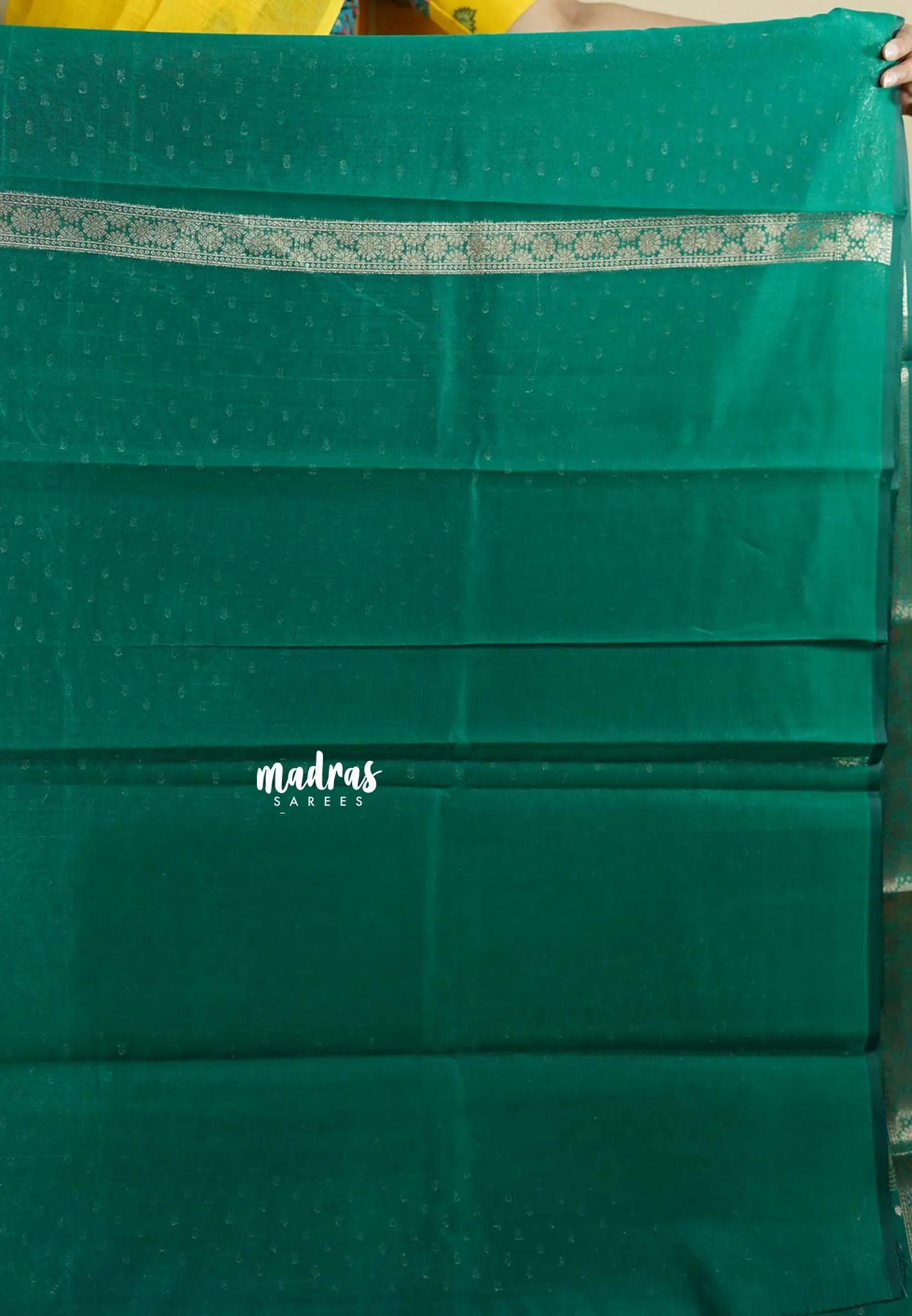 Dark Green - Durga - Banarasi soft katan silk with Wavy Border and Buttas