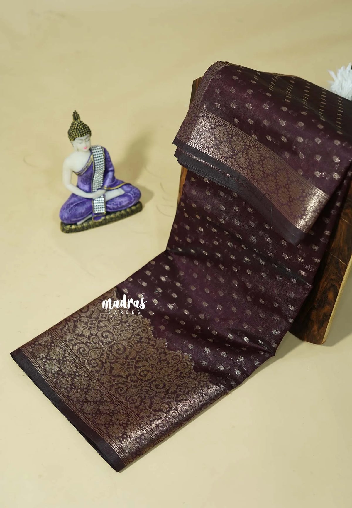 Dark Coffee Brown - Durga - Banarasi Semi Silk Zari Border with Buttas - Best for Festive Celebration
