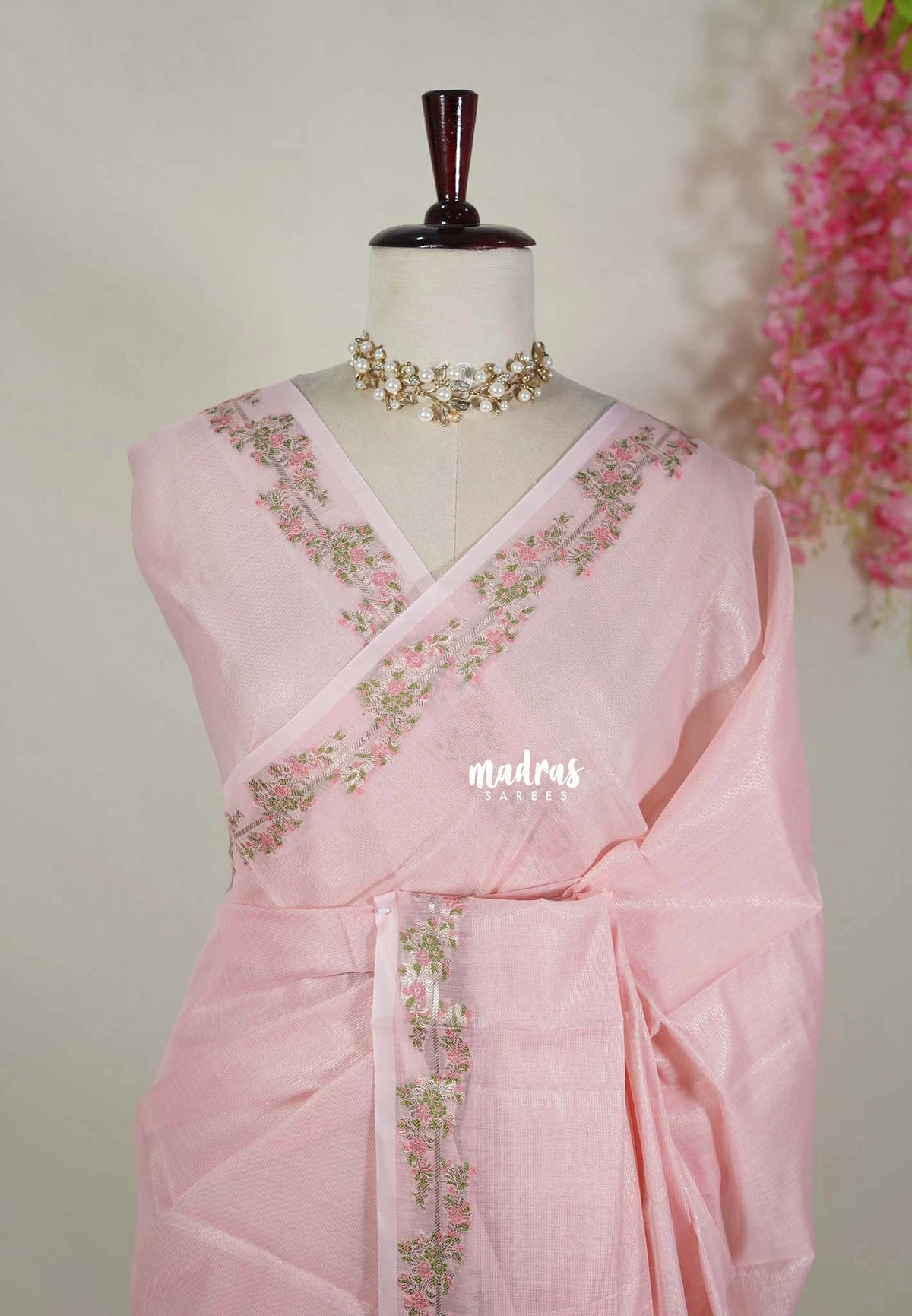Baby Pink -Durga - Banarasi Soft Cotton Silk with Tissue Blend And Floral Weaving Border - Best for Pooja Functions