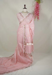 Baby Pink -Durga - Banarasi Soft Cotton Silk with Tissue Blend And Floral Weaving Border - Best for Pooja Functions