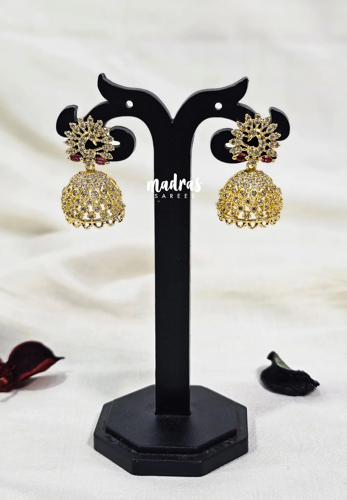 Premium 1 Gram Gold polish Traditional Peacock Earrings with Pink Stone