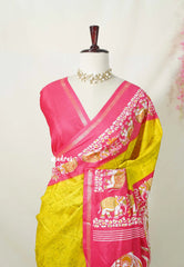 Yellowish Green with Pink - Uniform sarees Malgudi Printed Silk with Elephant Border - Perfect for Office Wear | Casual Wear