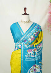 Yellowish Green with Blue - Uniform sarees Malgudi Printed Silk with Elephant Border - Perfect for Office Wear | Casual Wear