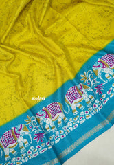 Yellowish Green with Blue - Uniform sarees Malgudi Printed Silk with Elephant Border - Perfect for Office Wear | Casual Wear