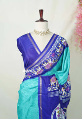 Turquoise Green with Elephant Border - Uniform sarees Malgudi Printed Silk with Elephant Border - Perfect for Office Wear | Casual Wear