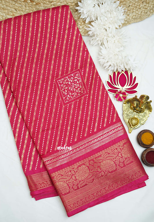 Vasundra Printed silk with foil print and rich banarasi border rani pink