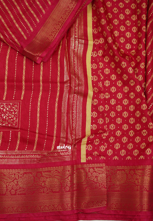 Vasundra Printed silk with foil print and rich banarasi border rani pink