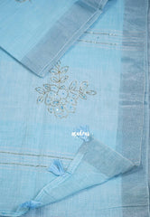 Sky Blue - Fancy cotton Saree with Tube Beats Zardosi Work Buttas and Pallu - Perfect for Office Wear | Summer Wear | Casual Wear