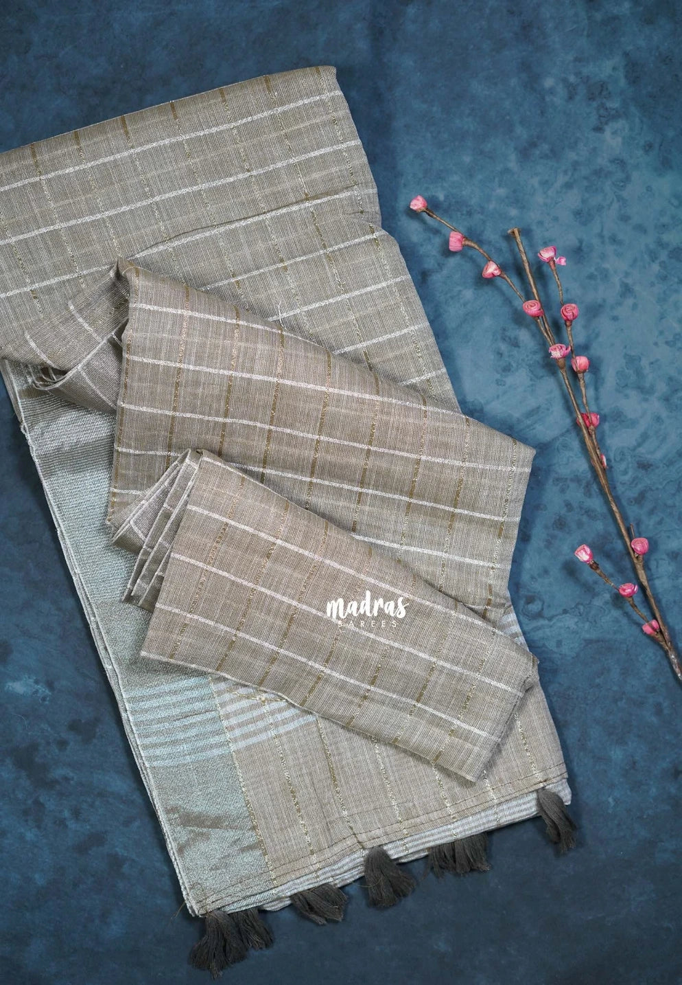 Muted Latte Beige - Fancy cotton Saree Checks with Tube Beats Zardosi Work Buttas and Pallu - Perfect for Office Wear | Summer Wear | Casual Wear