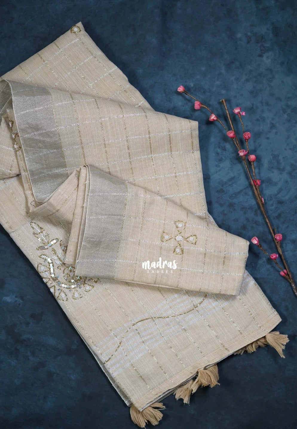 Biscut Beige - Fancy cotton Saree Checks with Tube Beats Zardosi Work Pallu - Perfect for Office Wear | Summer Wear | Casual Wear