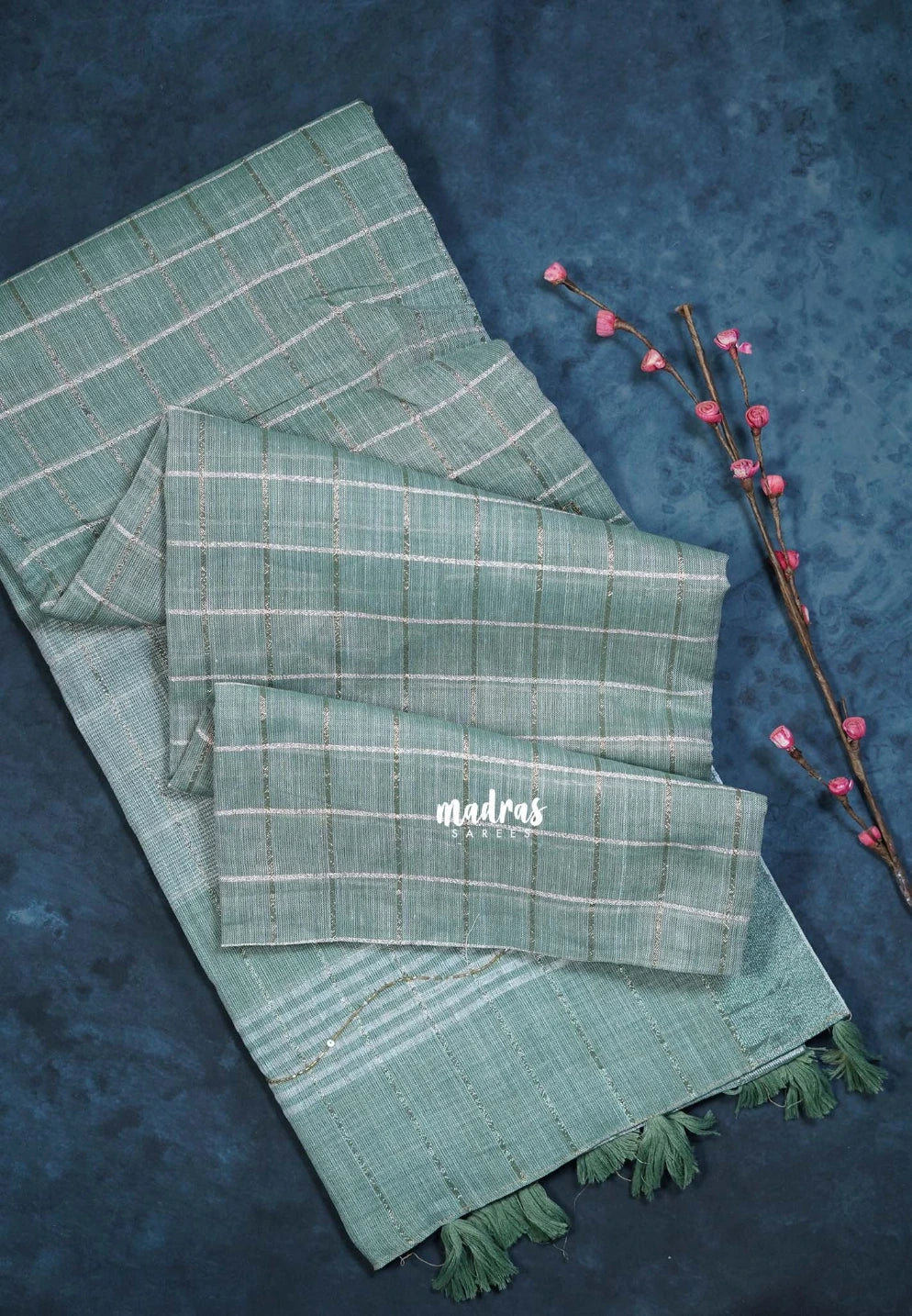 Muted Sage Green - Fancy cotton Saree Checks with Tube Beats Zardosi Work Pallu - Perfect for Office Wear | Summer Wear | Casual Wear
