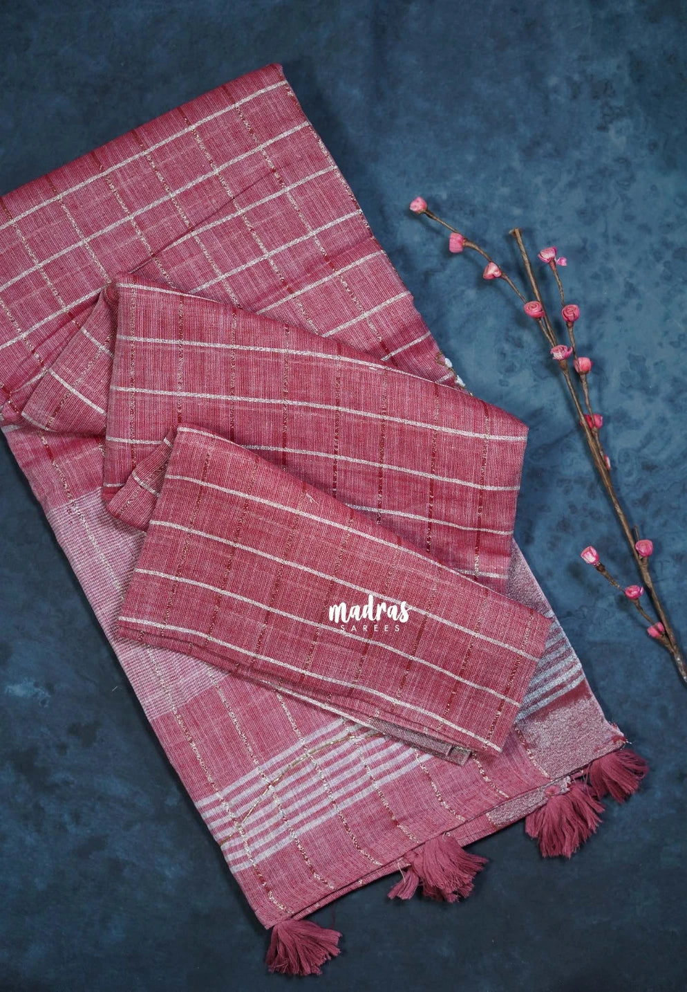 Muted Crimson Red - Fancy cotton Saree Checks with Tube Beats Zardosi Work Pallu - Perfect for Office Wear | Summer Wear | Casual Wear