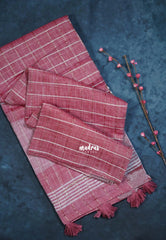 Muted Crimson Red - Fancy cotton Saree Checks with Tube Beats Zardosi Work Pallu - Perfect for Office Wear | Summer Wear | Casual Wear
