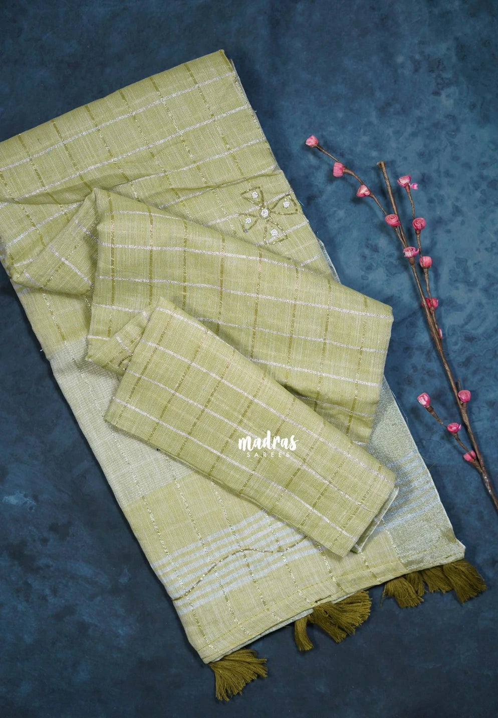 Pastel Olive Green - Fancy cotton Saree Checks with Tube Beats Zardosi Work Buttas and Pallu - Perfect for Office Wear | Summer Wear | Casual Wear