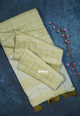 Pastel Olive Green - Fancy cotton Saree Checks with Tube Beats Zardosi Work Buttas and Pallu - Perfect for Office Wear | Summer Wear | Casual Wear