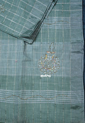 Muted Sage Green - Fancy cotton Saree Checks with Tube Beats Zardosi Work Pallu - Perfect for Office Wear | Summer Wear | Casual Wear