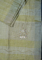 Pastel Olive Green - Fancy cotton Saree Checks with Tube Beats Zardosi Work Buttas and Pallu - Perfect for Office Wear | Summer Wear | Casual Wear