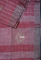 Muted Crimson Red - Fancy cotton Saree Checks with Tube Beats Zardosi Work Pallu - Perfect for Office Wear | Summer Wear | Casual Wear