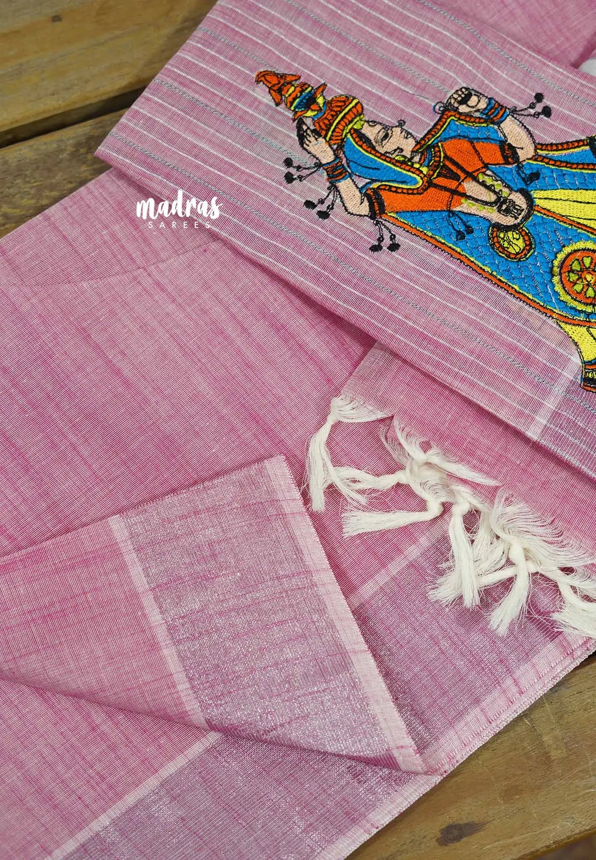 Onion pink - Fancy Cotton Saree with indian tribal woman embroidery Blouse