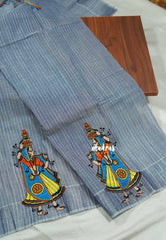 Bluish Grey - Fancy Cotton Saree with indian tribal woman embroidery Blouse