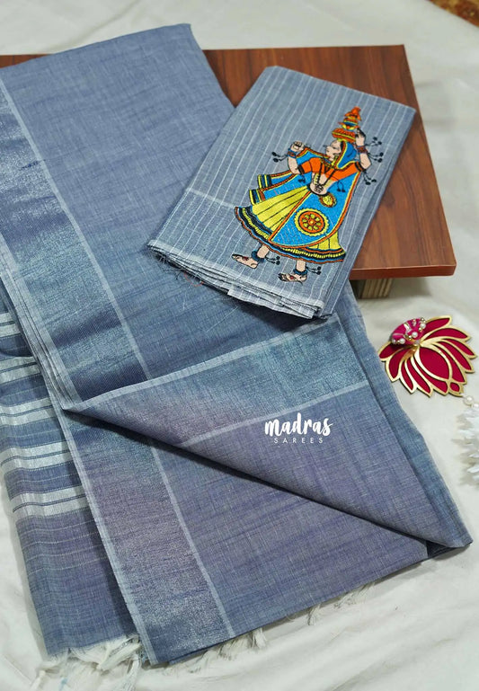Bluish Grey - Fancy Cotton Saree with indian tribal woman embroidery Blouse