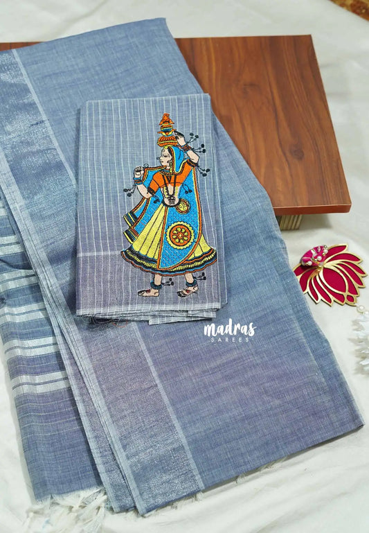Bluish Grey - Fancy Cotton Saree with indian tribal woman embroidery Blouse