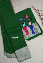 Green - Fancy Cotton Saree with Village Folk Art Motif embroidery Blouse