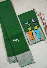 Green - Fancy Cotton Saree with Village Folk Art Motif embroidery Blouse