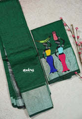 Green - Fancy Cotton Saree with Village Folk Art Motif embroidery Blouse