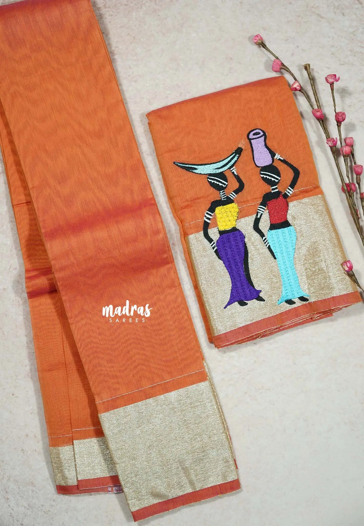 Orange - Fancy Cotton Saree with Village Folk Art Motif embroidery Blouse