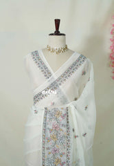 Ivory White - Fine Quality Organza Silk with Rice Embroidery Border - Best for Engagements / Haldi / Reception