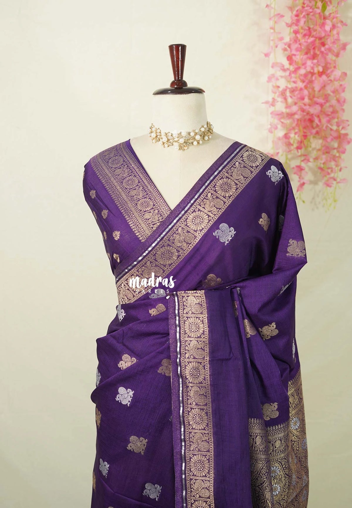 Violet Purple - Raaga - Fine quality Semi Tussar Silk with Kanchi Border and Buttas - Best for Wedding Functions