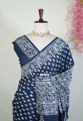 Midnight Blue - Fine Quality Hand Blocked Pure Cotton Saree with Bagru Prints - Perfect for Regular Wear | Casual Wear | Summer Wear