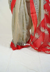 Creamy Butter - Fine Quality Pure Cotton Saree with Stripes Print and Contrast Pallu - Perfect for Regular Wear | Casual Wear | Summer Wear