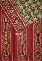 Olive Green - Fine Quality Pure Cotton Saree Kalamkari Body Patola Ikkat Border and Pallu - Perfect for Regular Wear | Casual Wear | Summer Wear