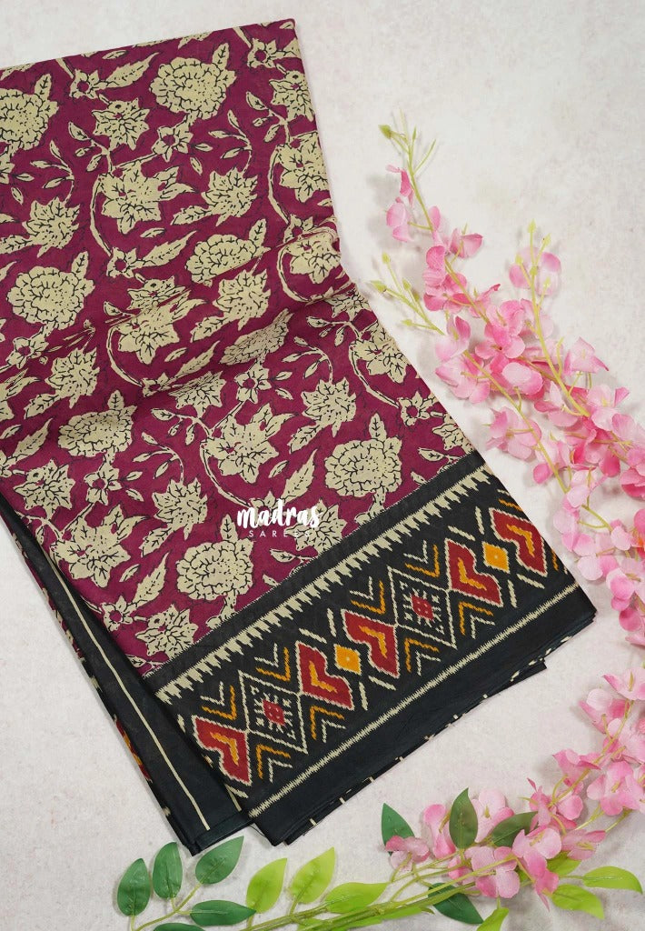 Magenta-D2 - Fine Quality Pure Cotton Saree Kalamkari Body Patola Ikkat Border and Pallu - Perfect for Regular Wear | Casual Wear | Summer Wear