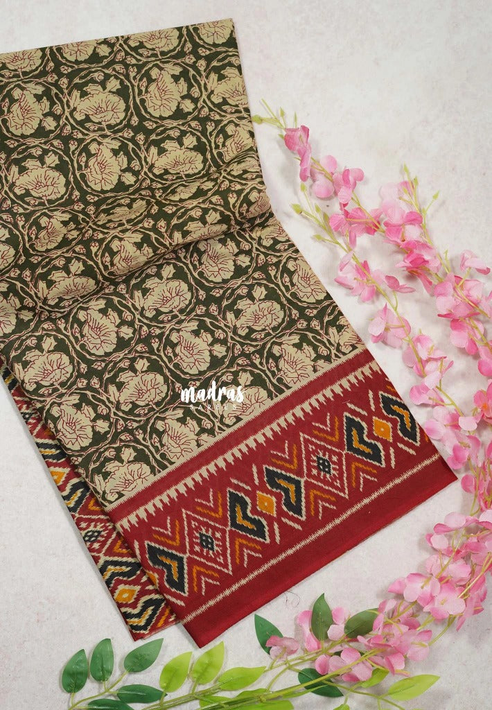 Olive Green - Fine Quality Pure Cotton Saree Kalamkari Body Patola Ikkat Border and Pallu - Perfect for Regular Wear | Casual Wear | Summer Wear