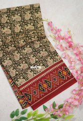 Olive Green - Fine Quality Pure Cotton Saree Kalamkari Body Patola Ikkat Border and Pallu - Perfect for Regular Wear | Casual Wear | Summer Wear
