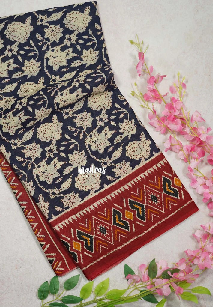 Indigo Blue-D2 - Fine Quality Pure Cotton Saree Kalamkari Body Patola Ikkat Border and Pallu - Perfect for Regular Wear | Casual Wear | Summer Wear