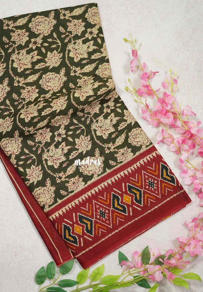 Olive Green-D2 - Fine Quality Pure Cotton Saree Kalamkari Body Patola Ikkat Border and Pallu - Perfect for Regular Wear | Casual Wear | Summer Wear