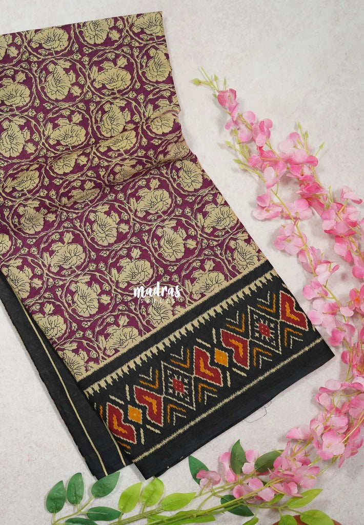 Magenta - Fine Quality Pure Cotton Saree Kalamkari Body Patola Ikkat Border and Pallu - Perfect for Regular Wear | Casual Wear | Summer Wear