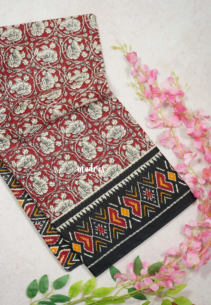 Dark Red - Fine Quality Pure Cotton Saree Kalamkari Body Patola Ikkat Border and Pallu - Perfect for Regular Wear | Casual Wear | Summer Wear
