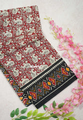 Dark Red - Fine Quality Pure Cotton Saree Kalamkari Body Patola Ikkat Border and Pallu - Perfect for Regular Wear | Casual Wear | Summer Wear