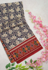 Indigo Blue - Fine Quality Pure Cotton Saree Kalamkari Body Patola Ikkat Border and Pallu - Perfect for Regular Wear | Casual Wear | Summer Wear