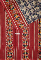 Indigo Blue - Fine Quality Pure Cotton Saree Kalamkari Body Patola Ikkat Border and Pallu - Perfect for Regular Wear | Casual Wear | Summer Wear