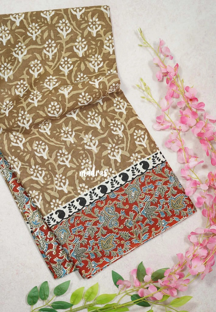Muted Mustard Brown - Fine Quality Pure Cotton Saree with Baghru Prints in Body Kalamkari Border and Pallu  - Perfect for Regular Wear | Casual Wear | Summer Wear
