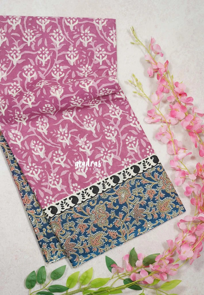 Muted Mauve Pink - Fine Quality Pure Cotton Saree with Baghru Prints in Body Kalamkari Border and Pallu  - Perfect for Regular Wear | Casual Wear | Summer Wear