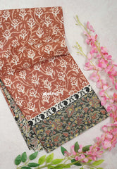 Muted Rust Brown - Fine Quality Pure Cotton Saree with Baghru Prints in Body Kalamkari Border and Pallu  - Perfect for Regular Wear | Casual Wear | Summer Wear